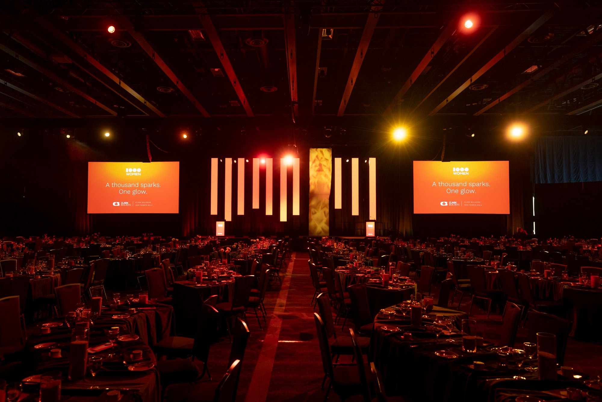 NorQuest College 1000 Women Gala at Edmonton Convention Centre featuring large projection screens, LED video wall pillars and event lighting by Kiwi Productions.